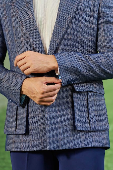 Philocaly_Blue Wool Blend Wenger Checkered Blazer _Online_at_Aza_Fashions