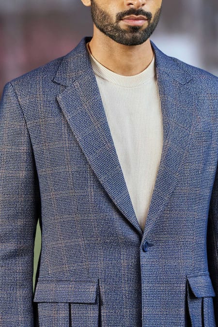 Philocaly_Blue Wool Blend Wenger Checkered Blazer _at_Aza_Fashions