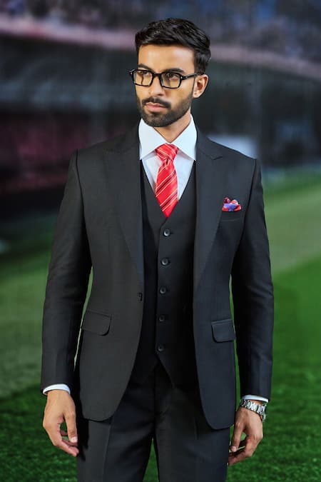 Shop_Philocaly_Black Wool Artimus 3 Piece Blazer Pant Set _Online_at_Aza_Fashions