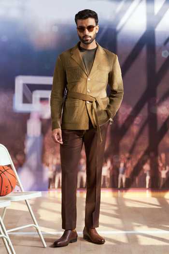 Philocaly_Olive Green Corduroy Adelman Belted Shacket _Online_at_Aza_Fashions