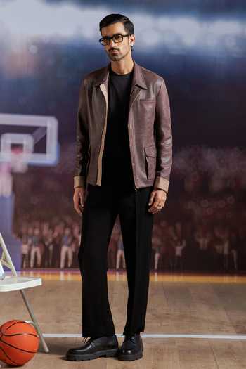 Shop Philocaly Brown Faux Leather Harris Jacket at Aza Fashions Shop_Philocaly_Brown Faux Leather Harris Jacket_at_Aza_Fashions