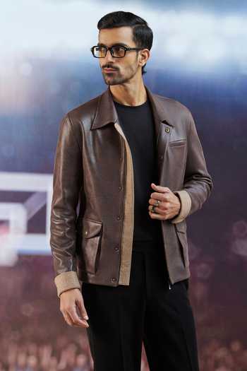 Buy Philocaly Brown Faux Leather Harris Jacket at Aza Fashions Buy_Philocaly_Brown Faux Leather Harris Jacket_at_Aza_Fashions