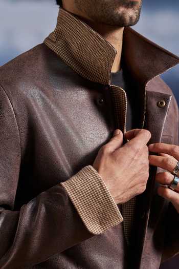 Philocaly Brown Faux Leather Harris Jacket Online at Aza Fashions Philocaly_Brown Faux Leather Harris Jacket_Online_at_Aza_Fashions