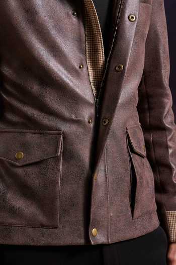 Buy Philocaly Brown Faux Leather Harris Jacket Online at Aza Fashions Buy_Philocaly_Brown Faux Leather Harris Jacket_Online_at_Aza_Fashions