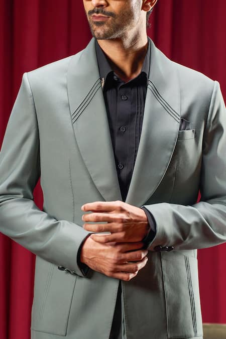 Philocaly Teal Wool Scorsese Pintucked Collar Blazer Online at Aza Fashions Philocaly_Teal Wool Scorsese Pintucked Collar Blazer _Online_at_Aza_Fashions