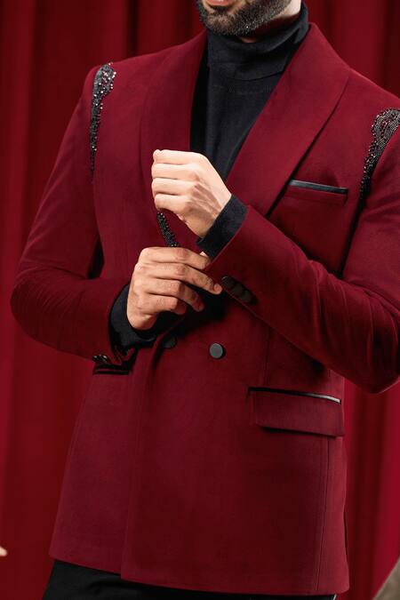 Philocaly Maroon Velvet Embroidery, Beads Cameron Tuxedo Online at Aza Fashions Philocaly_Maroon Velvet Embroidery, Beads Cameron Tuxedo _Online_at_Aza_Fashions