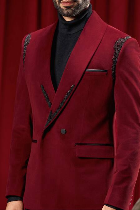 Shop Philocaly Maroon Velvet Embroidery, Beads Cameron Tuxedo Online at Aza Fashions Shop_Philocaly_Maroon Velvet Embroidery, Beads Cameron Tuxedo _Online_at_Aza_Fashions
