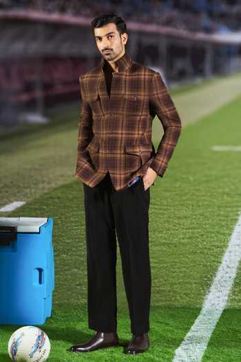 Shop Philocaly Brown Wool Gregory Checkered Blazer at Aza Fashions Shop_Philocaly_Brown Wool Gregory Checkered Blazer _at_Aza_Fashions