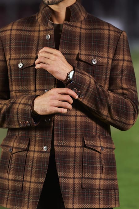 Buy Philocaly Brown Wool Gregory Checkered Blazer Online at Aza Fashions Buy_Philocaly_Brown Wool Gregory Checkered Blazer _Online_at_Aza_Fashions