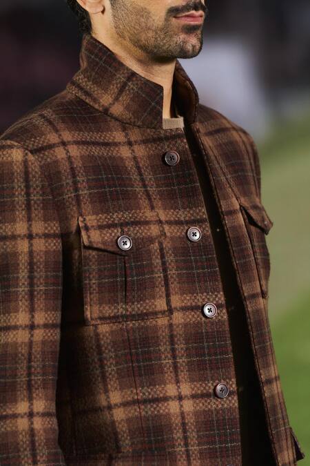 Shop Philocaly Brown Wool Gregory Checkered Blazer Online at Aza Fashions Shop_Philocaly_Brown Wool Gregory Checkered Blazer _Online_at_Aza_Fashions