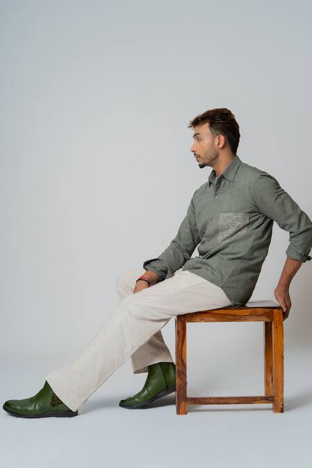 Shop Raasa Green Handloom Cotton Patchwork Spider Web Shirt Online at Aza Fashions Shop_Raasa_Green Handloom Cotton Patchwork Spider Web Shirt _Online_at_Aza_Fashions