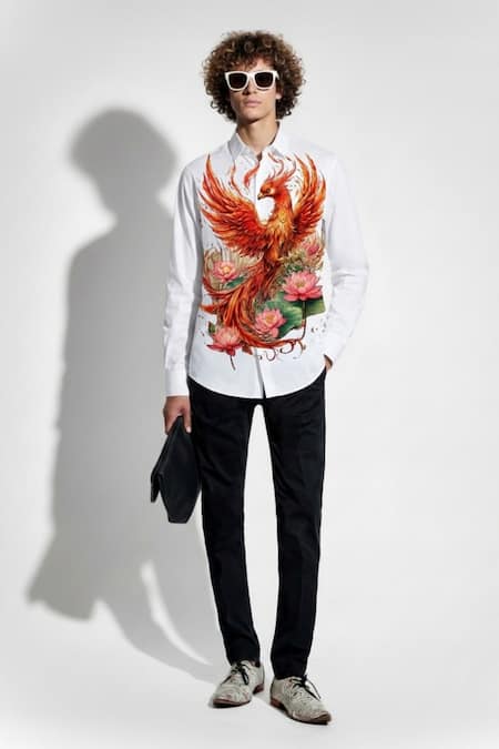 Buy_MR. Ajay Kumar_White Cotton Falcon Print Shirt _Online_at_Aza_Fashions