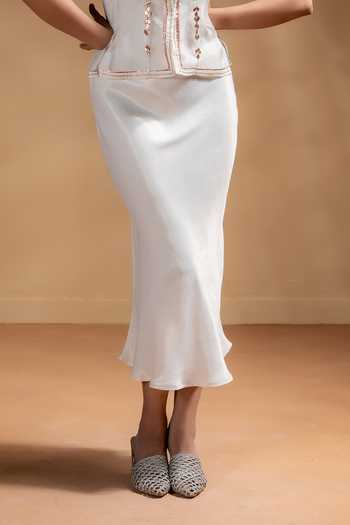 Shop_Baise Gaba_Off White Satin, Organza Gota Patti V-neck, Open Zarina Dress With Work Jacket 