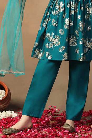 Jhambthreads Teal Silk Foil Printing Floral Kurta Set Online at Aza Fashions Jhambthreads_Teal Silk Foil Printing Floral Kurta Set _Online_at_Aza_Fashions