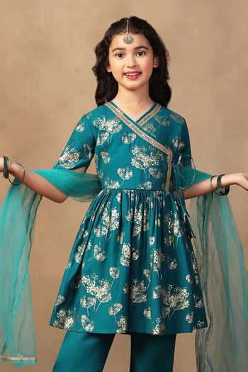 Buy Jhambthreads Teal Silk Foil Printing Floral Kurta Set Online at Aza Fashions Buy_Jhambthreads_Teal Silk Foil Printing Floral Kurta Set _Online_at_Aza_Fashions