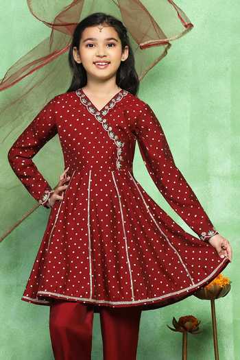Buy_Jhambthreads_Maroon Silk Foil Printing Polka Floral Kurta Set _Online_at_Aza_Fashions