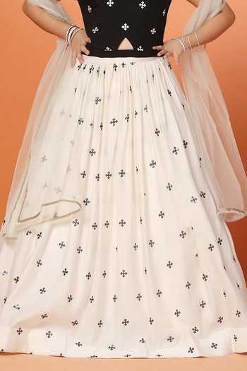 Jhambthreads_White Silk Embroidery, Mirrors, Zari Contrast Lehenga Set _Online_at_Aza_Fashions