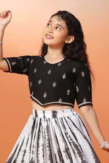 Jhambthreads_Black Georgette Embroidery Tie Dye Print Lehenga And Blouse Set _Online_at_Aza_Fashions