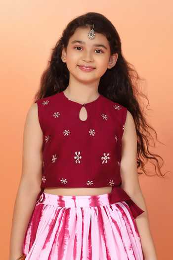 Jhambthreads_Red Georgette Embroidery, Mirrors Tie Dye Print Lehenga And Blouse Set _Online_at_Aza_Fashions