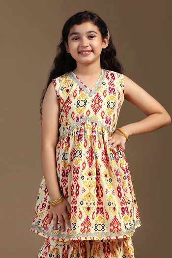 Jhambthreads_Yellow Cotton Ajrakh Print Empire Waist Kurta With Sharara _Online_at_Aza_Fashions