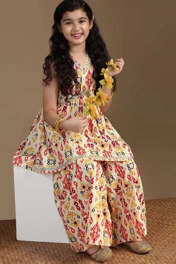 Buy_Jhambthreads_Yellow Cotton Ajrakh Print Empire Waist Kurta With Sharara _Online_at_Aza_Fashions