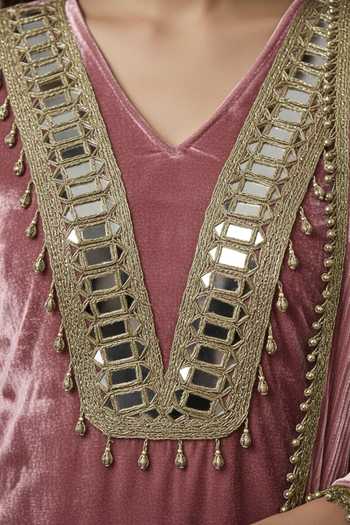 Shop Two Sisters By Gyans Pink Velvet Beads, Zari, Mirrors, Tassels V-neck, Gold Work Crushed Kurta Set Online at Aza Fashions Shop_Two Sisters By Gyans_Pink Velvet Beads, Zari, Mirrors, Tassels V-neck, Gold Work Crushed Kurta Set _Online_at_Aza_Fashions
