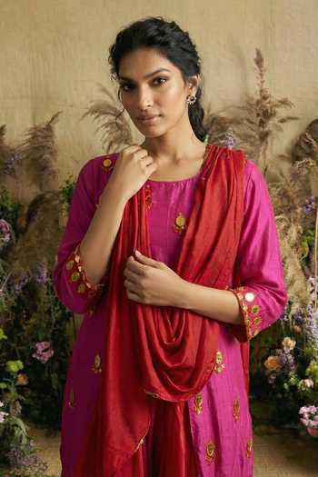 Two Sisters By Gyans_Pink Silk Sequins, Mirrors Round Neck Hand-embroidered Kurta Dhoti Pant Set _Online_at_Aza_Fashions