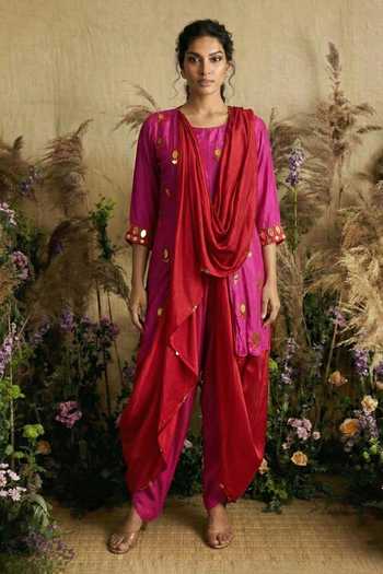 Buy_Two Sisters By Gyans_Pink Silk Sequins, Mirrors Round Neck Hand-embroidered Kurta Dhoti Pant Set _Online_at_Aza_Fashions