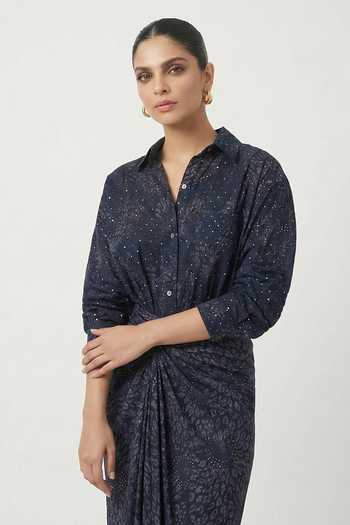 Shop_Two Sisters By Gyans_Blue Crepe Embroidery, Sequins Collared Starlit Embellished Shirt And Skirt Set _Online_at_Aza_Fashions