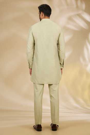 Manish Nagdeo_Green Silk, Cotton Embroidery Thread Sherwani And Kurta Set _Online_at_Aza_Fashions