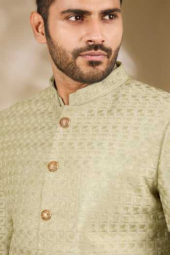 Buy_Manish Nagdeo_Green Silk, Cotton Embroidery Thread Sherwani And Kurta Set _Online_at_Aza_Fashions