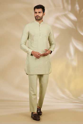 Shop_Manish Nagdeo_Green Silk, Cotton Embroidery Thread Sherwani And Kurta Set _Online_at_Aza_Fashions