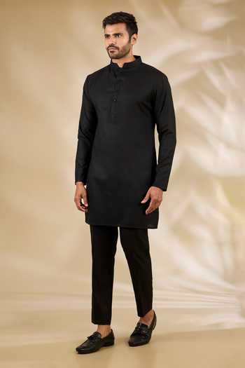 Shop_Manish Nagdeo_Black Silk Flower Print Bandhgala And Kurta Set _Online_at_Aza_Fashions