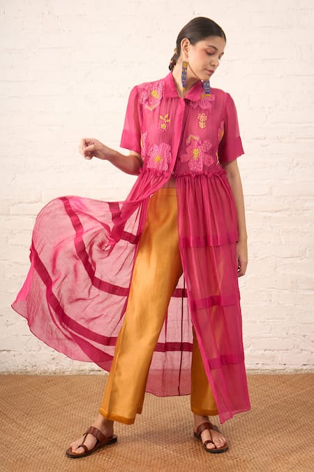 Buy_Myoho_Fuchsia Chanderi Beads, Applique Wildflower Work Jacket And Pant Set _Online_at_Aza_Fashions