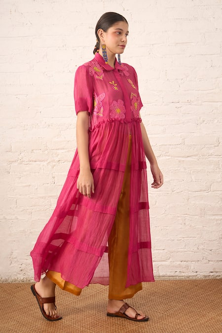 Buy_Myoho_Fuchsia Chanderi Beads, Applique Wildflower Work Jacket And Pant Set 