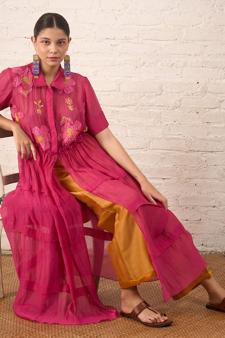 Shop_Myoho_Fuchsia Chanderi Beads, Applique Wildflower Work Jacket And Pant Set 