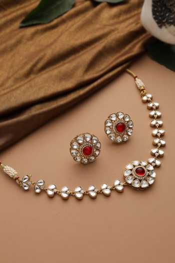 Swabhimann_Red Stones, Polki Studded Choker Necklace Set _Online_at_Aza_Fashions