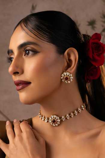 Buy_Swabhimann_Red Stones, Polki Studded Choker Necklace Set _Online_at_Aza_Fashions