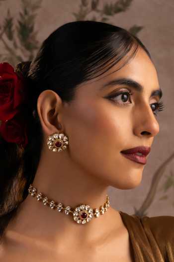 Shop_Swabhimann_Red Stones, Polki Studded Choker Necklace Set _Online_at_Aza_Fashions