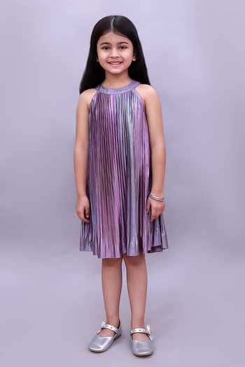 Lil Drama_Purple Polyester, Knit Color Block Pleated Dress _Online_at_Aza_Fashions
