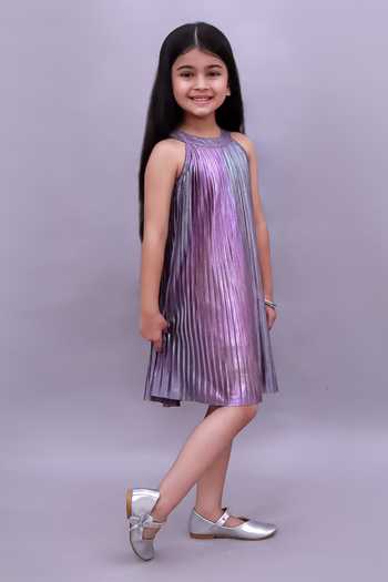 Buy_Lil Drama_Purple Polyester, Knit Color Block Pleated Dress _Online_at_Aza_Fashions