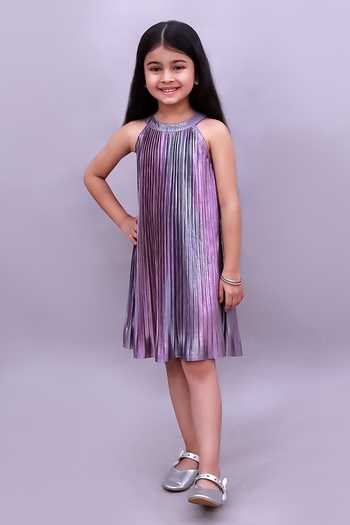 Shop_Lil Drama_Purple Polyester, Knit Color Block Pleated Dress _Online_at_Aza_Fashions