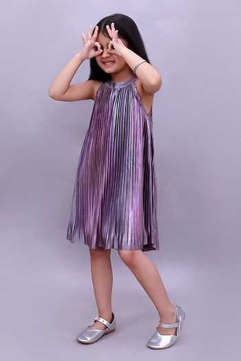 Lil Drama_Purple Polyester, Knit Color Block Pleated Dress _at_Aza_Fashions
