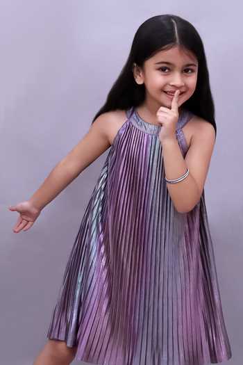 Buy_Lil Drama_Purple Polyester, Knit Color Block Pleated Dress 