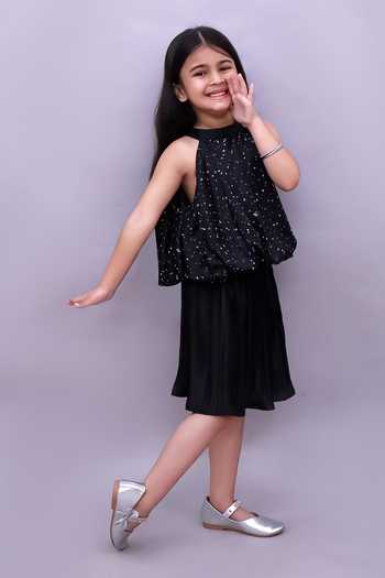 Buy_Lil Drama_Black Polyester, Knit Embellished Top And Skirt Set _Online_at_Aza_Fashions