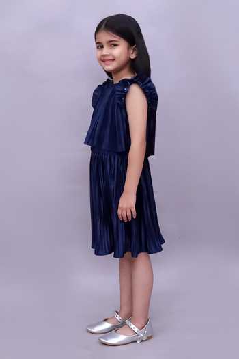 Lil Drama_Navy Polyester, Knit Ruffle Sleeve Top And Skirt Set _Online_at_Aza_Fashions