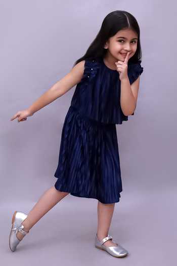 Shop_Lil Drama_Navy Polyester, Knit Ruffle Sleeve Top And Skirt Set _Online_at_Aza_Fashions
