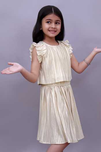 Lil Drama_Gold Polyester, Knit Pleated Poly Top And Skirt Set _Online_at_Aza_Fashions