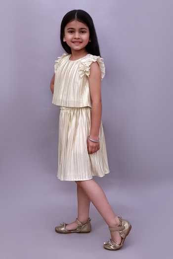 Shop_Lil Drama_Gold Polyester, Knit Pleated Poly Top And Skirt Set _Online_at_Aza_Fashions
