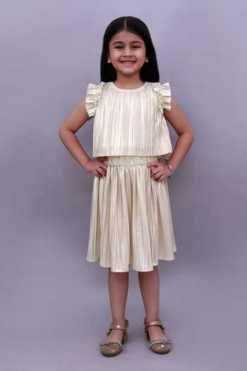 Lil Drama_Gold Polyester, Knit Pleated Poly Top And Skirt Set _at_Aza_Fashions